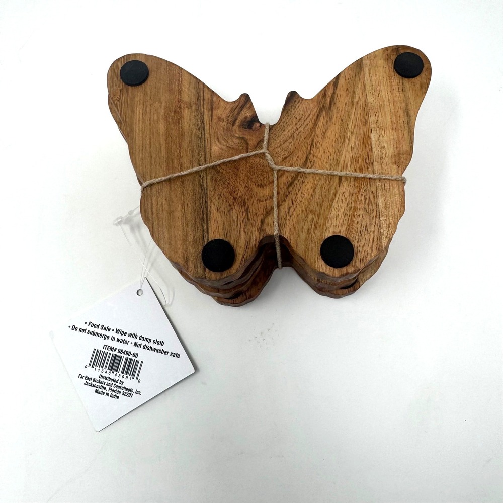 Acacia Wood Butterfly Coasters Set of 4 Brown Natural Grain NEW - Picture 2 of 4